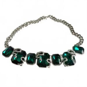 Aldo Emerald Green Statement Necklace Silver Tone Snake Rhinestone Collar